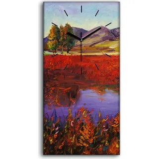 Leinwand Wanduhr Wandkunst Uhr 30x60 Bild Baum Aquarell Wasser Gras Berg - schwarze Hände - Grau