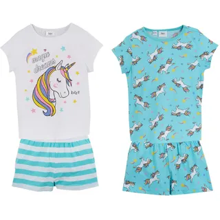 bonprix Shorty Set, vierteiliger Shorty-Pyjama, zwei T-Shirts mit Druck, aus Baumwolle, aqua, weiß