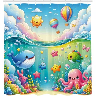 ABAKUHAUS Mariner Cartoon Duschvorhang, Bunte Unterwasserwelt mit aquatischen Tierfiguren Sonne Ballons, Stoffliches Gewebe Badezimmerdekorationsset mit Haken, 175 x 200 cm, Türkis Mehrfarbig