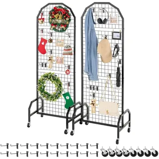 Vevor Gitterwandpaneele Gitterwand 60 x 164 cm 2 Stk. rollbarer Präsentationsständer mit 20 Haken, Präsentationsregale aus Karbonstahl, Kunstausstellungsregal für Dekoration Lagerung, schwarz