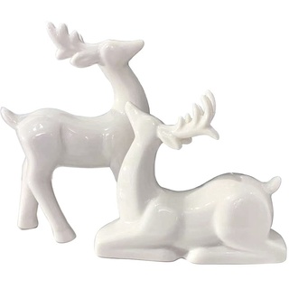 KiaoTime Porzellan-Weihnachts-Rentier Figuren, 2 Stück Mini-Tier-Rentier Dekor Hirsch Statuen Skulptur Tischornamente für Schrank Kaminregale Kamin Wohnkultur Akzente Sammelfiguren