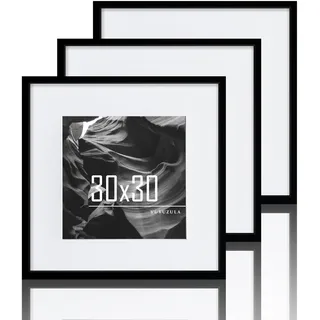VUVUZULA Bilderrahmen 30x30cm Schwarz Holz Quadratisch 3er Set Holzrahmen Fotorahmen MDF Rahmen mit Passepartout 20x20cm