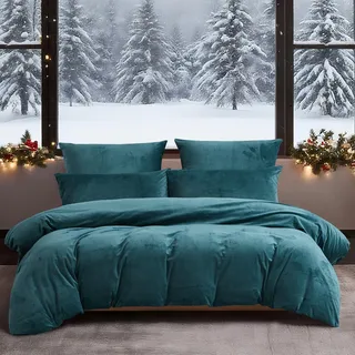 YASMENG Winter Bettwäsche 220x240 Petrol Uni Warm Kuschelig Flauschige Bettwäsche Winter Weich Warme Samt Plüsch Fleece Flanell Bettbezug Set 3 Teilig mit Reißverschluss und 2 Kissenbezüge 80x80 cm