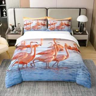 richhome Sommer Flamingo 100% Natur Baumwolle Bettbezug, Seaside Travel Natürliche Vögel Bettwäsche Set für Schlafzimmer, Bettwäsche mit Reißverschluss 135x200