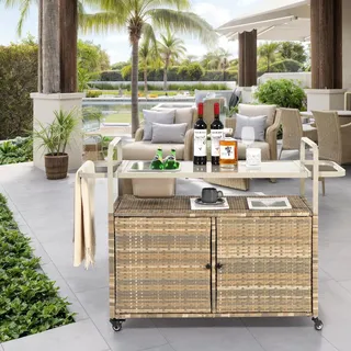 Sweiko Outdoor-Bartisch, Wicker-Barwagen mit Schrank, Patio Servierwagen mit Stahlplatte, mit einem Eiskübel, abschließbare Räder, Seitenkorb für Garten, Poolside & Hinterhof, Beige