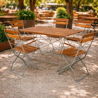 Biergarten Set Klapptisch + 4 Klappstühle Armlehne Akazie 120x70cm - Grau, Braun