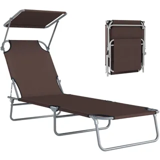 Outsunny Sonnenliege Klappbar Gartenliege mit Dach Rückenlehne Braun | Liegestuhl, 4-Fach Verstellbar, Wetterfeste Campingliege, Bis 120 kg Belastbar, Für Garten Strand Pool
