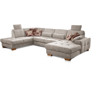 CAVADORE Wohnlandschaft Puccino mit Federkern, Bettfunktion, Bettkasten, Sitztiefenverstellung und 2 Kopfstützen / Sofa in U-Form im Landhausstil / 340 x 86 x 224 cm / Mikrofaser Creme