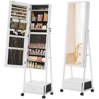 Songmics Schmuckschrank, Ganzkörperspiegel, Spiegelschrank, abschließbarer Schmuckorganizer mit Schublade, Rollen, Geschenkidee, weiß JJC004W02