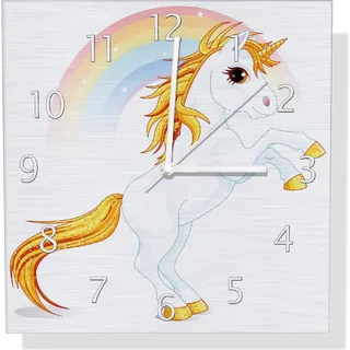 Wallario Design Wanduhr Weißes Einhorn vor einem Regenbogen aus Aluverbund, Größe 30 x 30 cm - Weiß