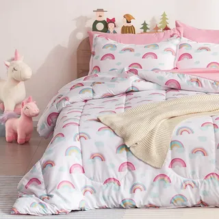 SLEEP ZONE Kids Bed-in-a-Bag Bettwäsche-Set, Pflegeleichte Mikrofaser, ultraweiche Decke und Bettlaken-Sets mit Kissenbezügen, 5-teilig, Regenbogen, Weiß/Rosa, Twin