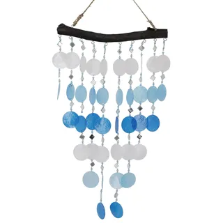 Muschel Mobile, Ethno Windspiel, maritimes Traumfänger, blau/weiß | Dekoratives Windspiel aus Bambus, Muschelplättchen, kleine Spiegelchen, handgefertigt, einzigartiges Design