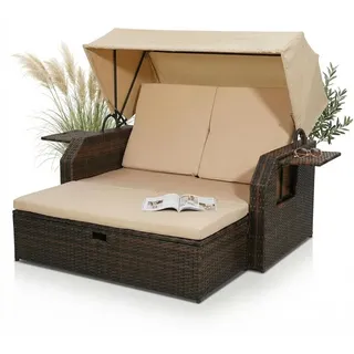 Mucola Strandkorb Rattan Sonnenbett mit verstellbarem Dach Polyrattan Sonnenliege Liegebett Relaxliege Gartenliege Gartenmöbel - Braun - Braun