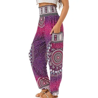 Geraffte Hose mit hoher Taille für Damen, modisch, locker, lässig, bedruckt, mit Tasche für Strandparty, Lila, XXL