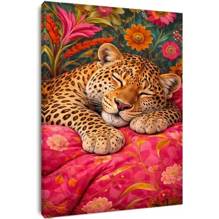 Leinwandbild mit Rahmen 30x40 cm, Tier Wandbild mit schlafendem Leopard und Blumen, Wandbilder Wohnzimmer, Bilder mit Rahmen für Schlafzimmer Büro, Wanddeko mit Klettband und vormontierten Haken
