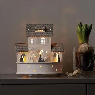 LED Weihnachtsdorf ,Grauberg' mit Zug, Spieluhr, Timer, Batterie, Holz - Grau