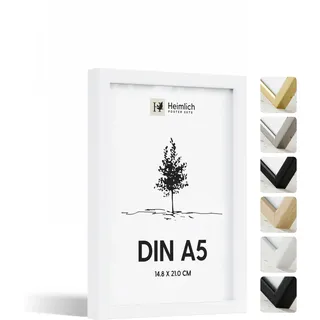 Heimlich® - Bilderrahmen - A5 14,8x21 cm Ayous Holz, Weiß – Diplom-Poster-Collage-Rahmen mit Folienabdeckung – Wandmontage oder Tischaufsteller