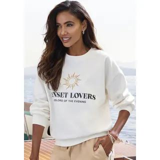 Sweatshirt H.I.S, Damen, Gr. 32/34, creme, Sweatware, Obermaterial: 60% Baumwolle, 40% Polyester, unifarben, bequem hüftlang, Rundhals, Rippbündchen, Sweatshirts Sweatshirt, mit großem Front-Print, Loungewear, Topseller