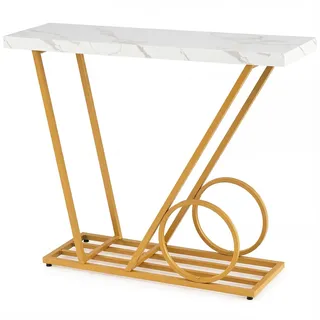 FANTASK Konsolentisch mit Marmor-Optik, Eingangstisch mit Metallrahmen & geometrischen Beinen, schmaler Flurtisch mit Ablagen für Wohnzimmer, Flur, Eingang (Weiß & Gold)