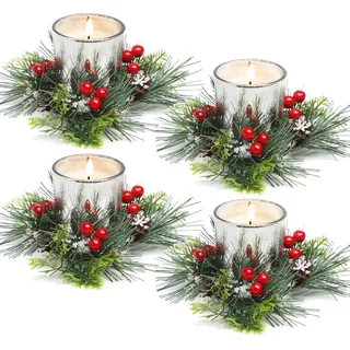 KAHEIGN 4Pcs Weihnachtskerzen Ringe, 20CM Künstlicher Roten Beeren Weihnachtskerzenringe Verschneiten Tannennadeln Kerzenring für Rustikal Hochzeit Weihnachten Tisch Dekoration