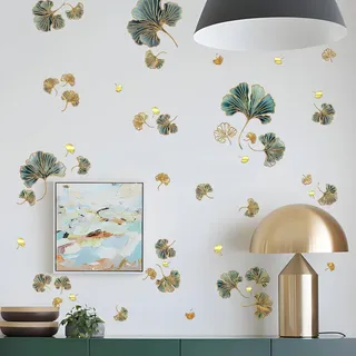 WandSticker4U®- Edeles Wandtattoo Blätter GINKGO gold/grün I Wandsticker Pflanzen Gräser Natur I Botanische Wanddeko Wohnzimmer Schlafzimmer Küche Bad Flur Büro Möbel Aufkleber