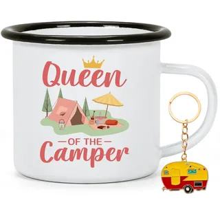 Joymaking Emaille Tasse Camping Geschenke Tasse mit Spruch Queen of the Camper Wohnwagen Geschenke für Camper Camping Zubehör Tasse Geschenke für Freundin, 350ml