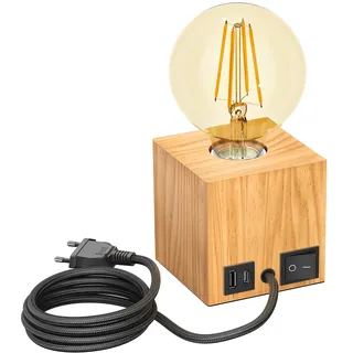 ledscom.de Tischlampe HITO, Holz massiv, eckig, USB, inkl. E27 Lampe gold, max. 818lm, 3-Stufen, extra-warmweiß