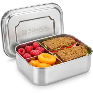 BREADL Edelstahl Brotdose, Feste Trennwand und 3 Fächer, Plastikfrei, Rostfrei, Spülmaschinengeeignet, Kleine 1000ml Lunchbox und Brotzeitbox aus Metall für Kinder und Erwachsene