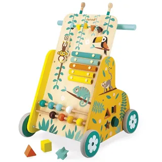 Janod - Multi-Aktivitätswagen Tropik - Laufwagen aus Holz - Lernspielzeug mit 6 Aktivitäten - Leise Räder und Feststellschraube - FSC-zertifiziert - Wasserfarbe - Ab 1 Jahr, J08269