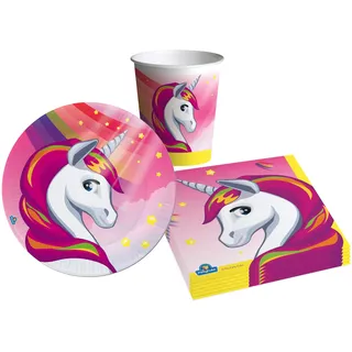 Partygeschirr Party-Set Einhorn Unicorn für 8 Personen (36 pcs: 8 Pappteller Ø18cm, 8 Becher 250ml, 20 Servietten 33x33cm) aus eco-friendly kompostierbarem Papier