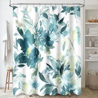MAYZUS Extra Langer Duschvorhang, 183 x 244 cm, vom Boden bis zur Decke, extralang, Aquarell-Blumenstoff, blaugrün, modern, abstrakte Blume, Badezimmer-Duschvorhang-Set mit Haken