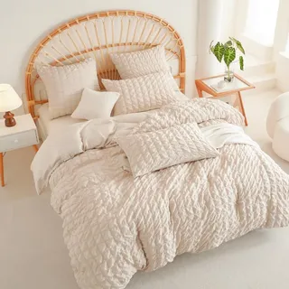 Musselin Bettwäsche 135x200 Beige Kariert Seersucker Mädchen Bettbezug Set