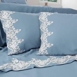PETTI Artigiani Italiani - Perkal, Bettlaken für Doppelbett mit Spitze, Perkal, Bettwäsche-Set für Doppelbett, Bettlaken mit hellblauer Spitze, 100% Made in Italy