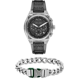 Armani Exchange Herren Graues Polyurethan Uhr und Armband Silberfarbener Edelstahl, Set
