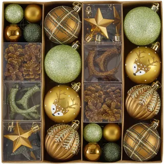 Valery Madelyn Weihnachtskugeln 60 Stücke Christbaumkugeln Geschenkpaket Weihnachtsbaumschmuck Kunststoff Bronze Grün Weihnachtsdeko mit Aufhänger Waldland Thema(M)
