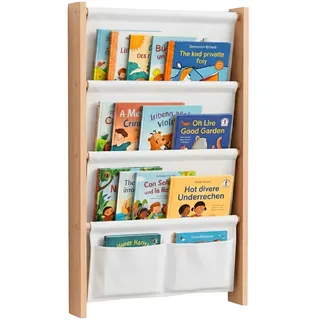 Relaxdays Bücherregal mit 5 Stofftaschen, Wandmontage, weiß | Wandregal für Kinder, Buchregal, HBT: 80x44,5x6 cm, MDF