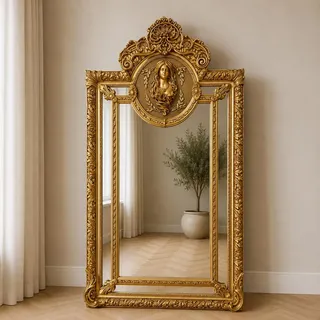 Casa Padrino Barock Standspiegel Gold 110 x H. 210 cm - mit Damen Relief - Handgefertigter Antik Stil Ganzkörperspiegel - Garderoben Spiegel - Schlafzimmer Spiegel - Barock Möbel - Gold