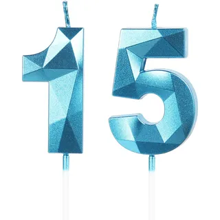 Geburtstagskerzen Zahl 15 Blau - 3D Blaue Kerzen zum 15 Geburtstagsdeko (Nummer 15 Kerze, Tortenkerzen) Geburtstagsparty, Feier