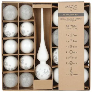 MAGIC by Inge - Weihnachtskugeln Set 19-teilig Just White, mit Christbaumspitze und Kugeln, Christbaumschmuck Glas