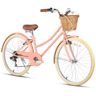 Glerc 24" Mädchen Cruiser Bike 6-Gang Cruiser Women's Hybird Fahrrad für Alter 7 8 9 10 11 Jahre alt mit Weidenkorb. Leichter Rahmen und Gabel, Pfirsich