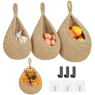 Boho Wandbehang Obstkörbe für die Küche, 3 Stück, gewebte Produkthalter mit 6 starken Haken, Gemüse-Hängekorb für die Organisation von Tropfenform, Zuhause, Wand, Kartoffel, Zwiebeln, Leinen, 3 Stück