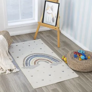 Livabliss Regenbogen Kinder waschbar - Cartoon 80x150 cm, Waschbarer Kinderzimmer oder Babyzimmer, Krabbel oder Spiel - Babymatte für Jungen & Mädchen, Creme