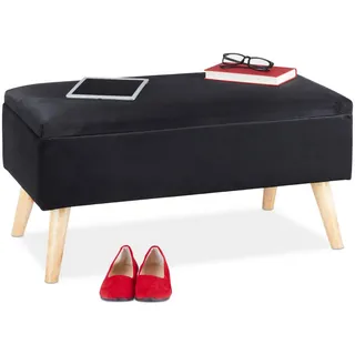 Relaxdays Sitzbank mit Stauraum, Samtbezug, 40 l, gepolstert, Holzbeine, Flur, 2er Truhenbank, 41 x 80 x 40 cm, schwarz