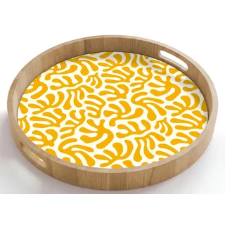 OnlyWow© Holztablett Küchentablett Servier Tablett Eiche Serviertablett | 50x50 cm - Rund - Eichenholz Servierplatte Mit Henkel Kaffeetablett Koralle - Weiß - Gelb - Muster - Sommer