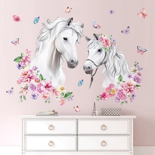 decalmile Wandtattoo Pferdekopf mit Blumen Wandaufkleber Pferde Mädchen Groß Blüten Rosa Wandsticker Schlafzimmer Wohnzimmer Kinderzimmer Wanddeko