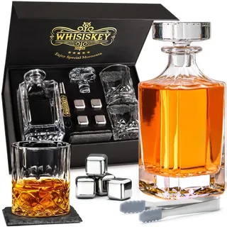 WHISISKEY Whisky Karaffe Set - Whiskey Geschenkset - Geschenke für Männer - Männergeschenke Geschenk - Geburtstagsgeschenk Mann - Klassische Dekanter 700ML, 2 Gläser, 4 Whisky Steine