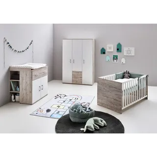 OTTO home "Rieke Bis ins Jugendalter, toll für kleine Zimmer", Spar-Set, Kinderbett, Schrank 3 türig, Wickelkommode + Unterbauregal, eiche sand nb, weiß