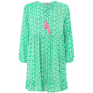 Sommerkleid ZWILLINGSHERZ "Stargazing", Damen, Gr. SM (S/M), N-Gr, grün (mittelgrün), Obermaterial: 100% Viskose, gemustert, Rundhals, Kleider Sommerkleid, mit Muster, langen Ärmeln und Tasseln