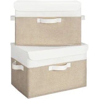 GRANNY SAYS Aufbewahrungsboxen mit Deckel, 2 Stück Kisten Aufbewahrung Stoff, Faltbare Organizer Box mit Deckel, Aufbewahrungskörbe für Kleidung, weiß-braun Faltboxen mit Deckel für Kleiderschrank