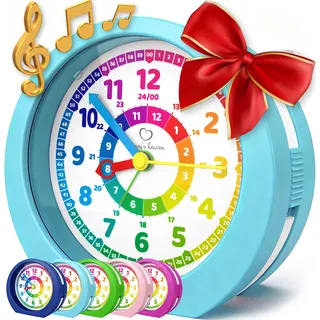 Honey's Heaven Kinderwecker ohne Ticken - für Jungen und Mädchen - Lernwecker Lernuhr Weckuhr Kinderuhr Quarzwecker Snooze Analog Quartz Wecker (Hellblau)